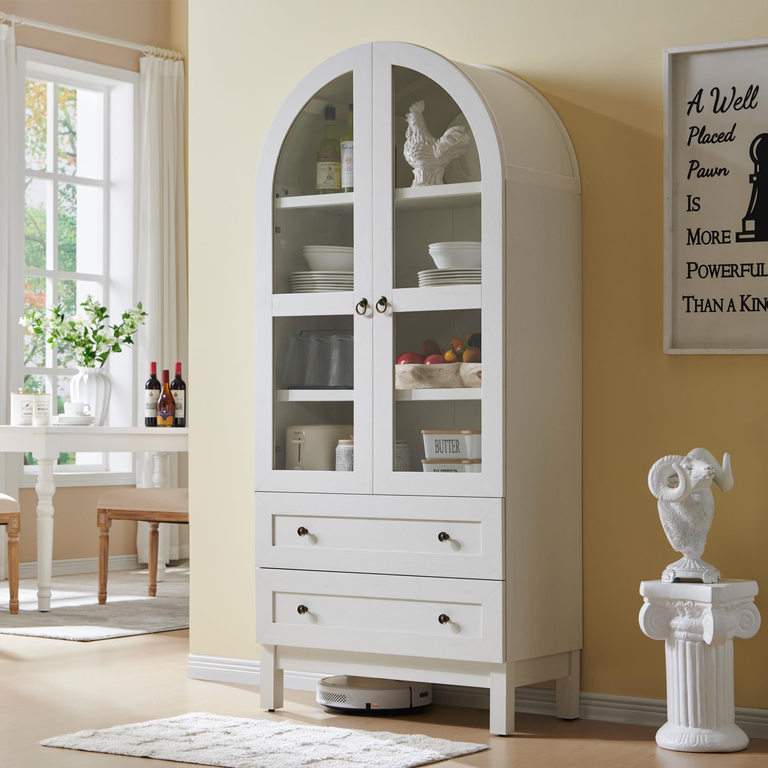 Tall Arched Kitchen Pantry Cabinet with Glass Doors