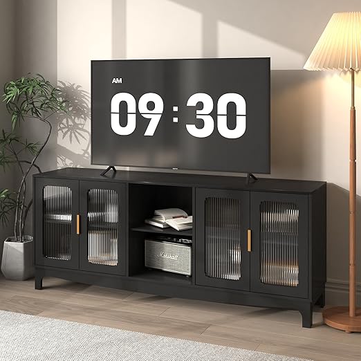 65 Inch White TV Stand with Glass Door Storage Cabinet