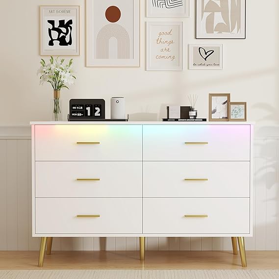 White Dresser with 6 Drawers and LED Light