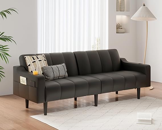 80" Faux Leather Futon Sofa Bed with Adjustable Backrest