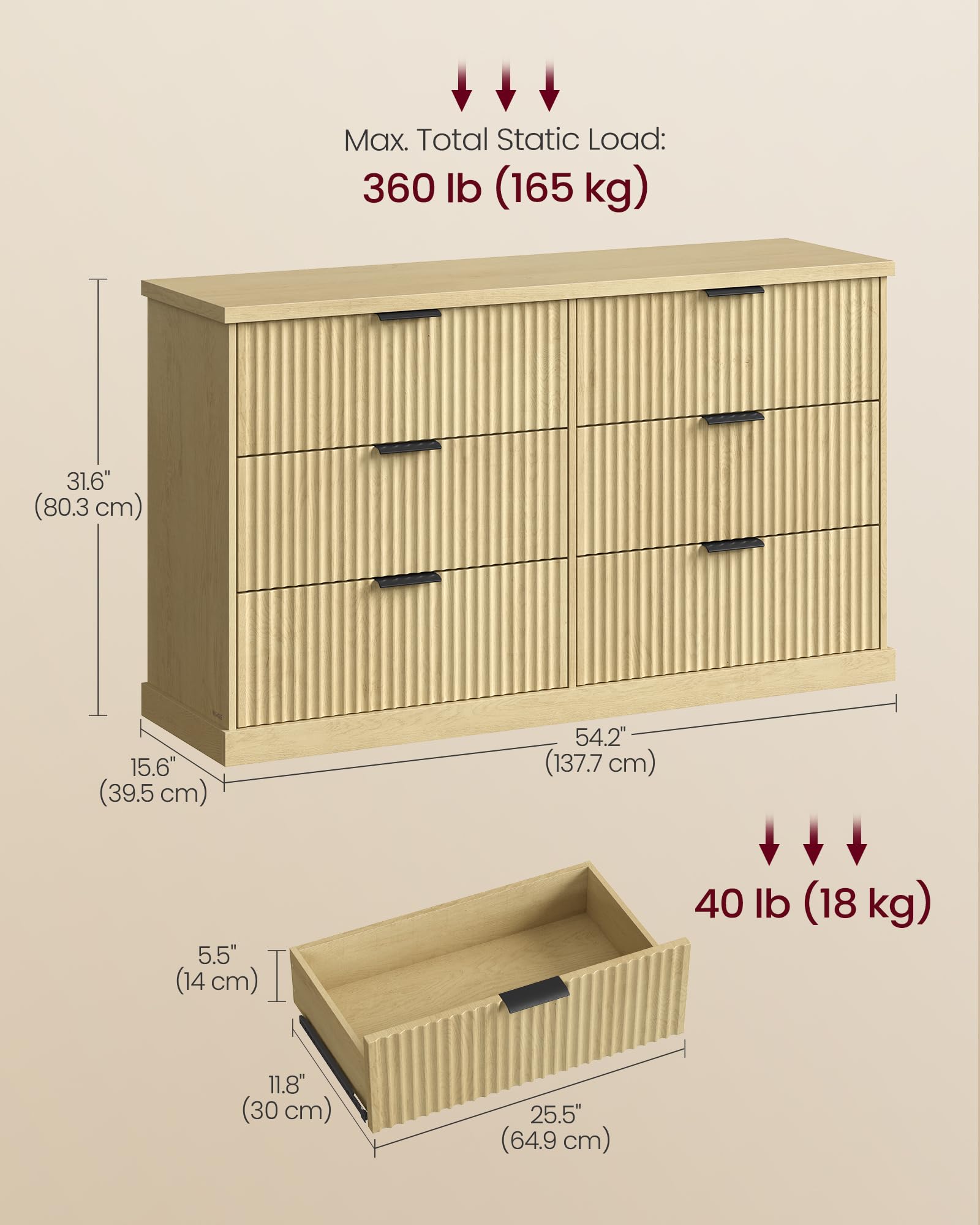 6-Drawer Wide Dresser with Fluted Panels