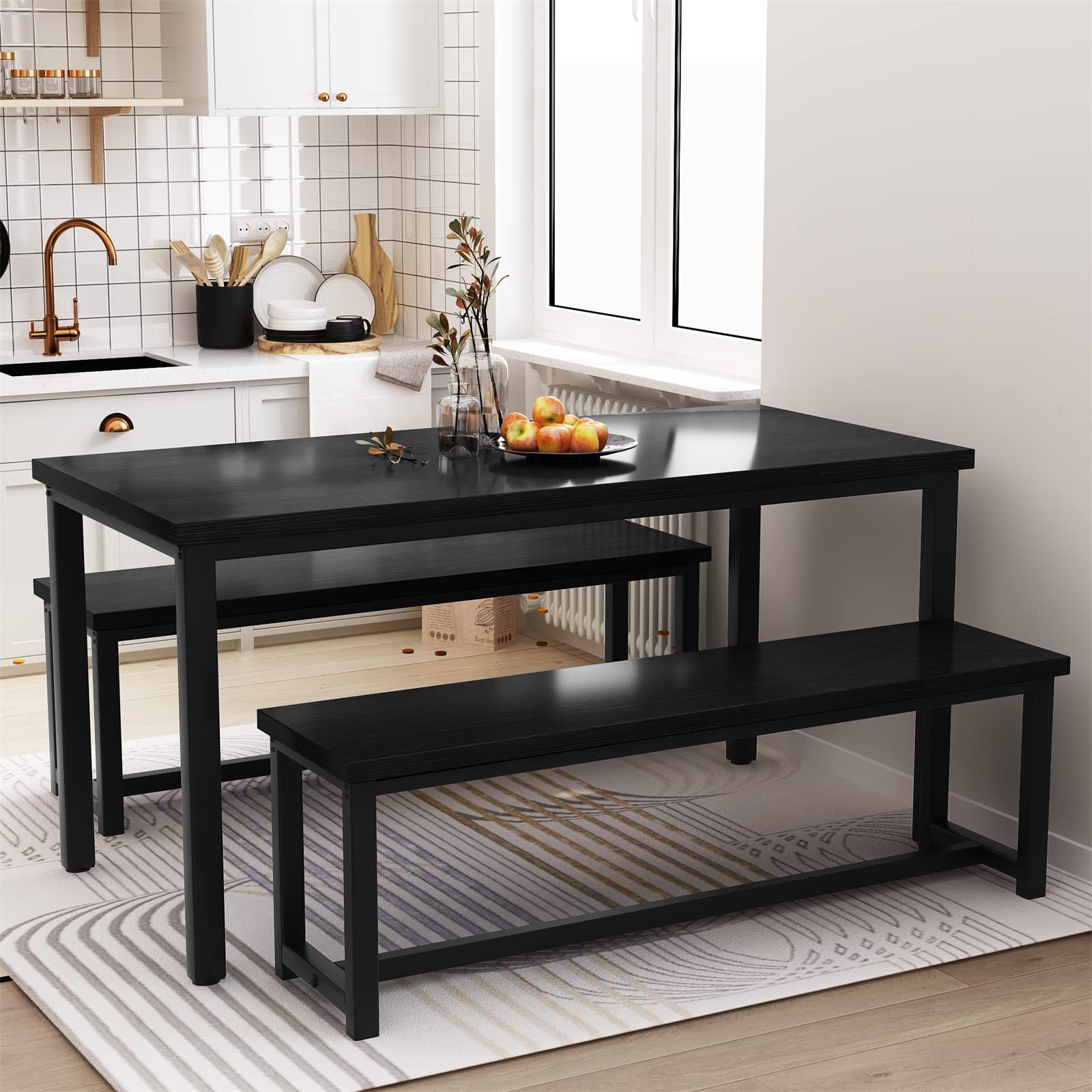 Recaceik Dining Room Table Set with 2 Benches, Kitchen Dining Table Set for 2-4 Person, Space Saving Kitchen Table and Chair Set with Metal Frame for Dining Room, Small Space, Breakfast Nook(Black)