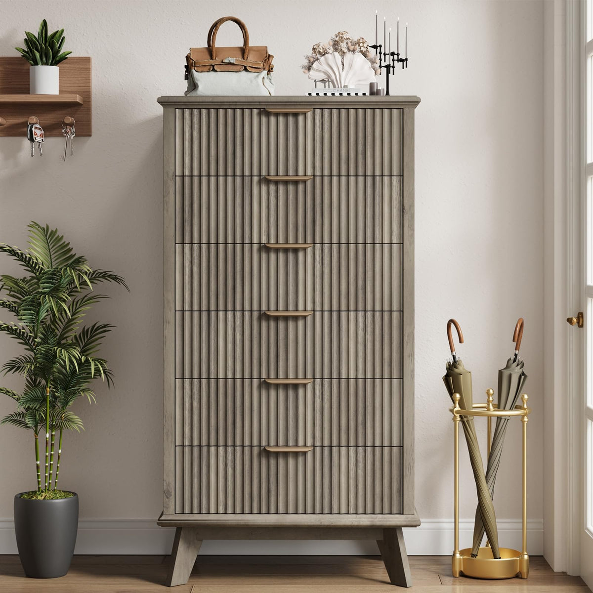 Fluted 6 Drawer Dresser with Metal Handle