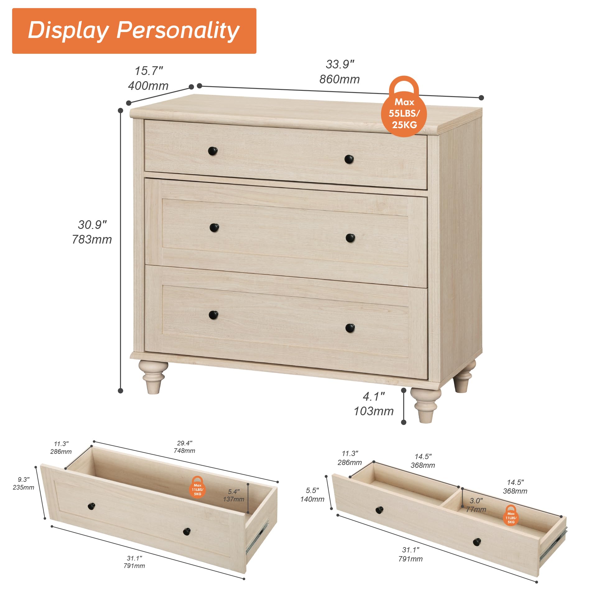 3-Drawer Mid Century Modern Dresser