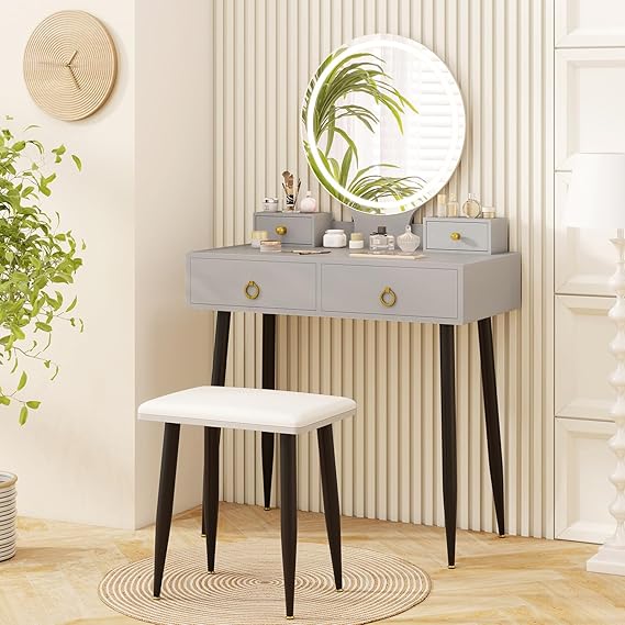 Navy Blue Vanity Desk with 3-Color Lighted Mirror and 4 Drawers
