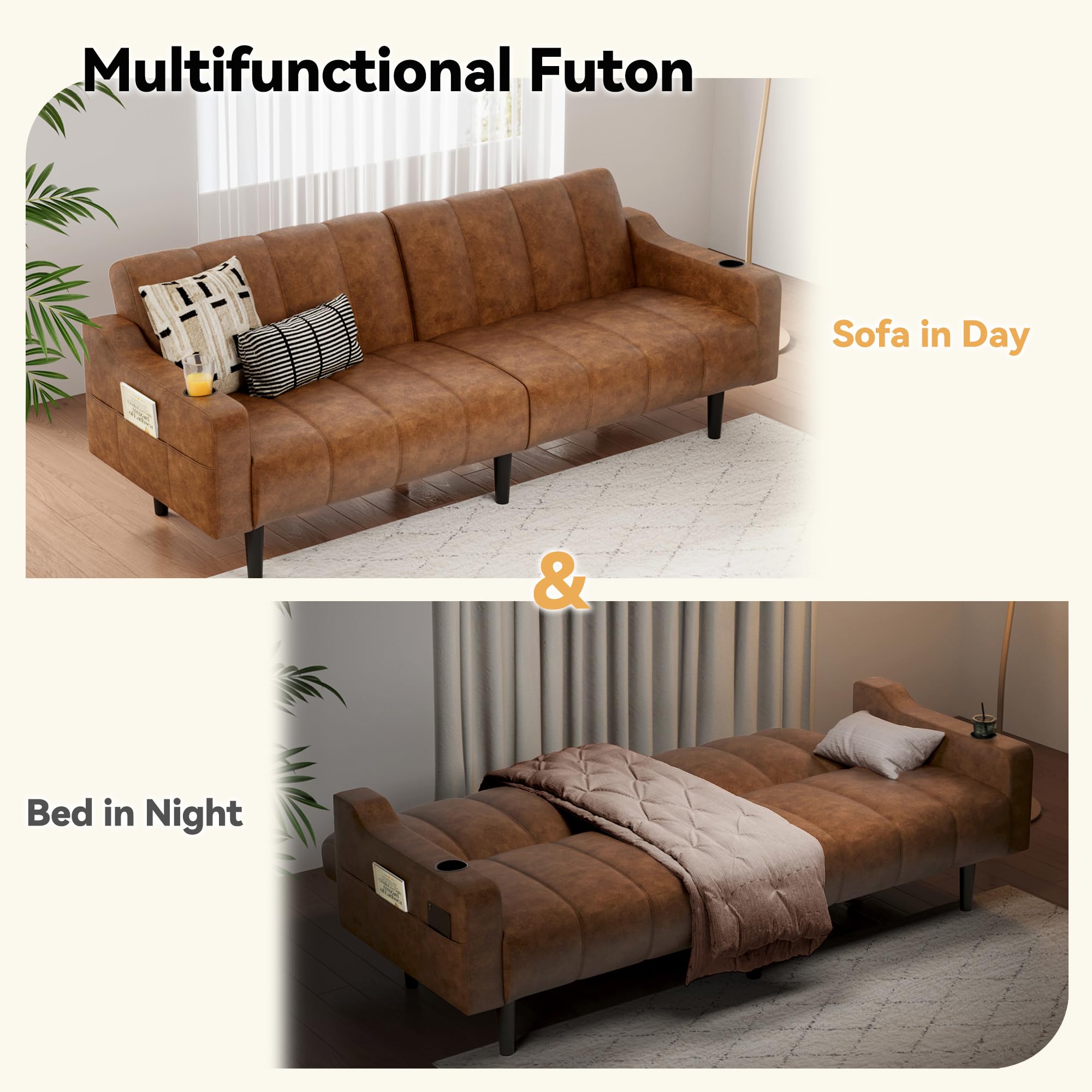 80" Faux Leather Futon Sofa Bed with Adjustable Backrest