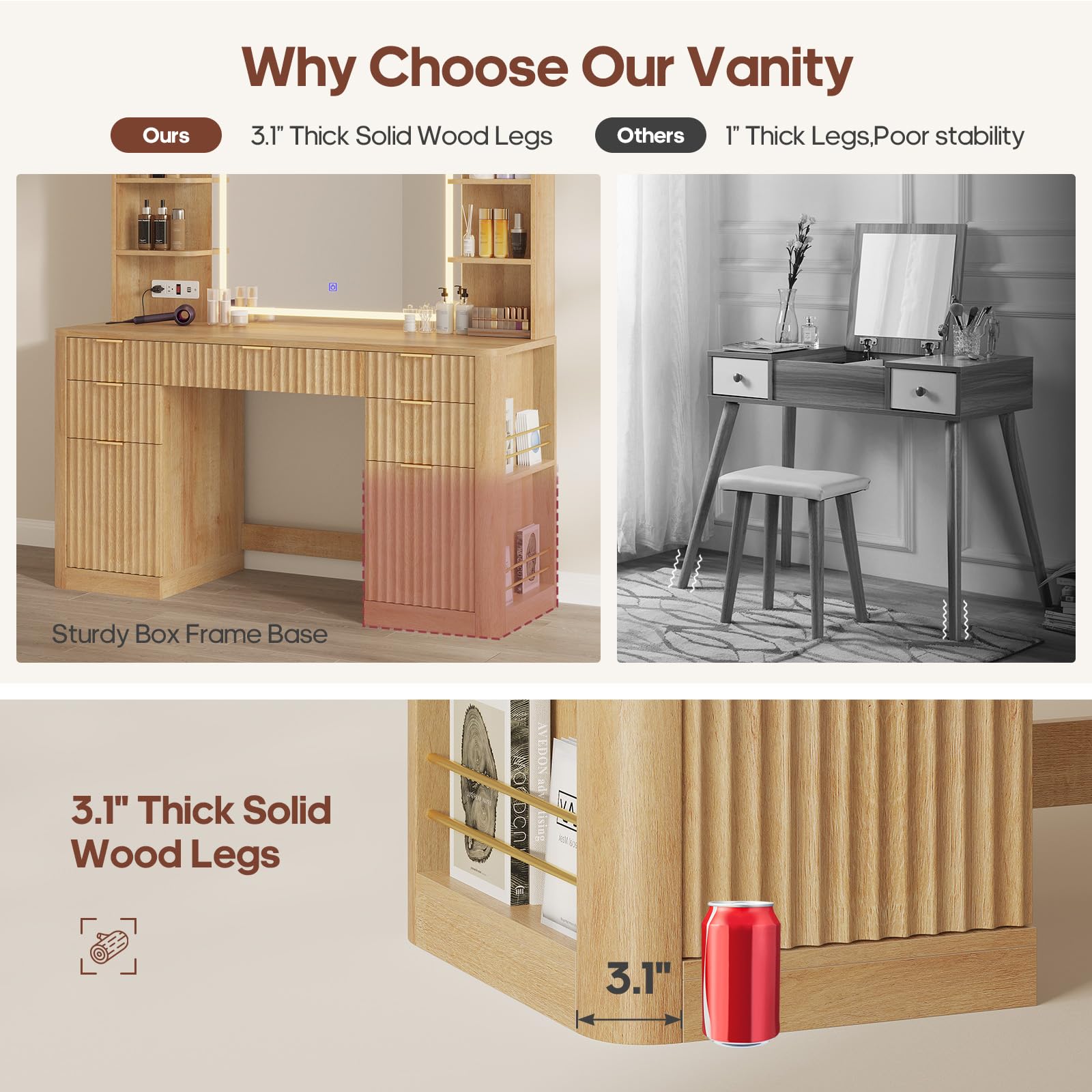 51.2" Fluted Makeup Vanity Desk with Mirror and Lights