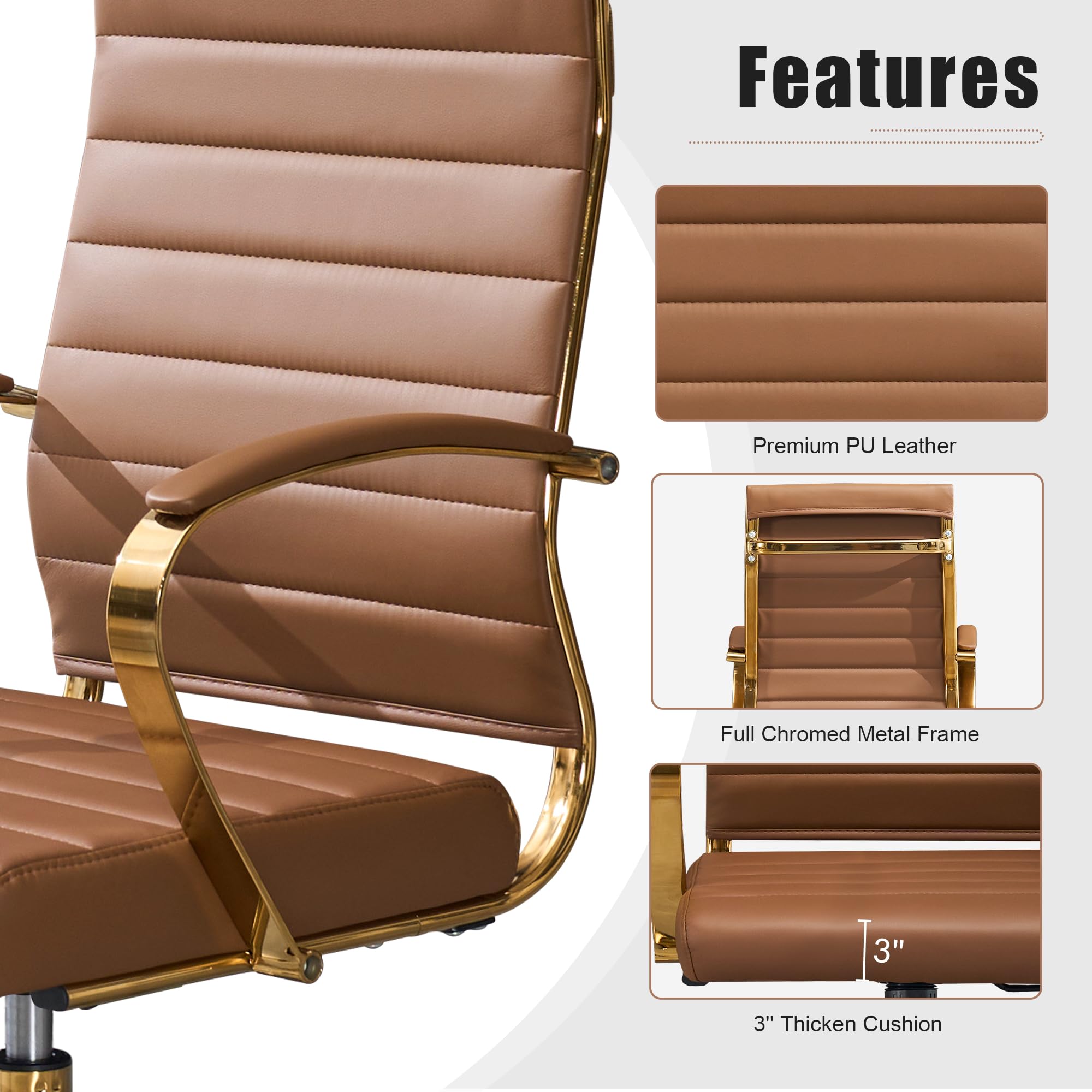 Okeysen Gold Office Desk Chair, Ergonomic Leather Modern Conference Room Chairs, Executive Ribbed Height Adjustable Swivel Rolling Golden Chair for Home Office.