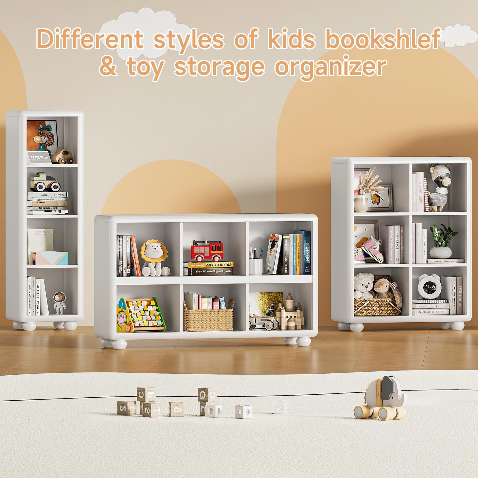 ONBRILL Wooden Bookcase with 6 Cube Storage, Kids Bookshelf with Sphere Foot, Sturdy Toy Storage Organizer, Safe Rounded Corners Bookcase for Living Room, Playroom, Nursery (White)