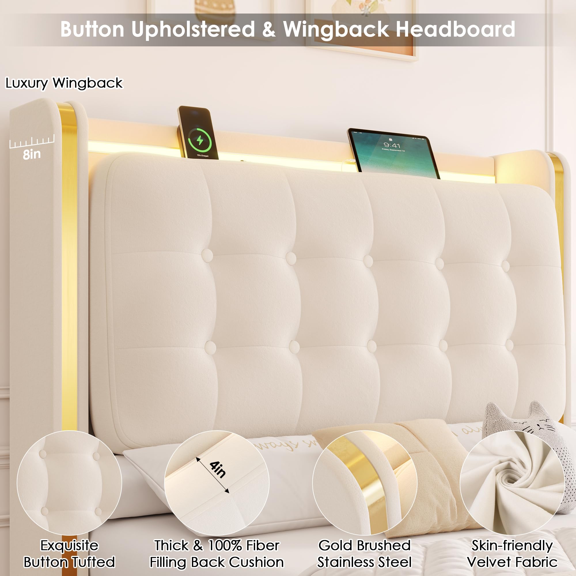 Upholstered LED Twin Bed Frame with Storage and Charging Station