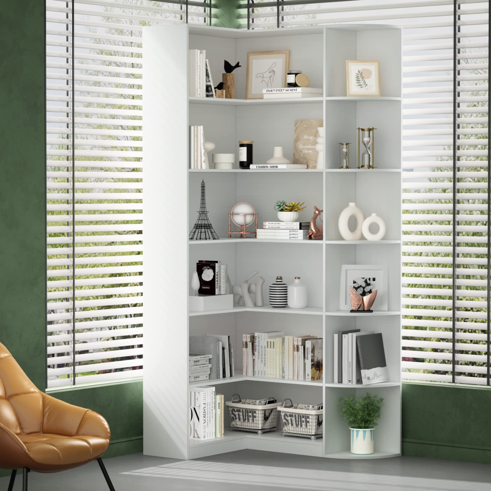 6-Tier L-Shaped Corner Bookcase with Full Baffle