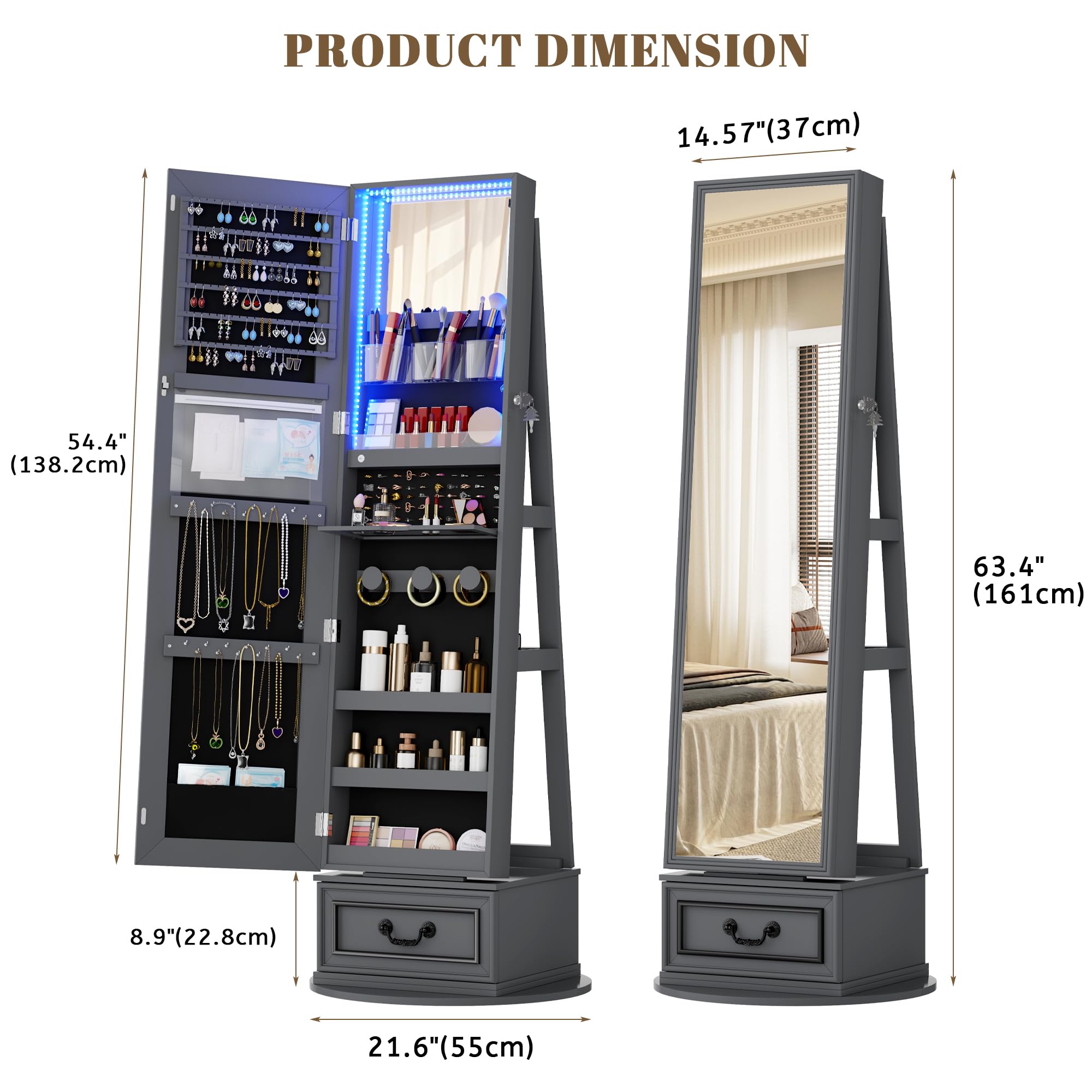 360° Swivel Jewelry Armoire with Full Length Mirror
