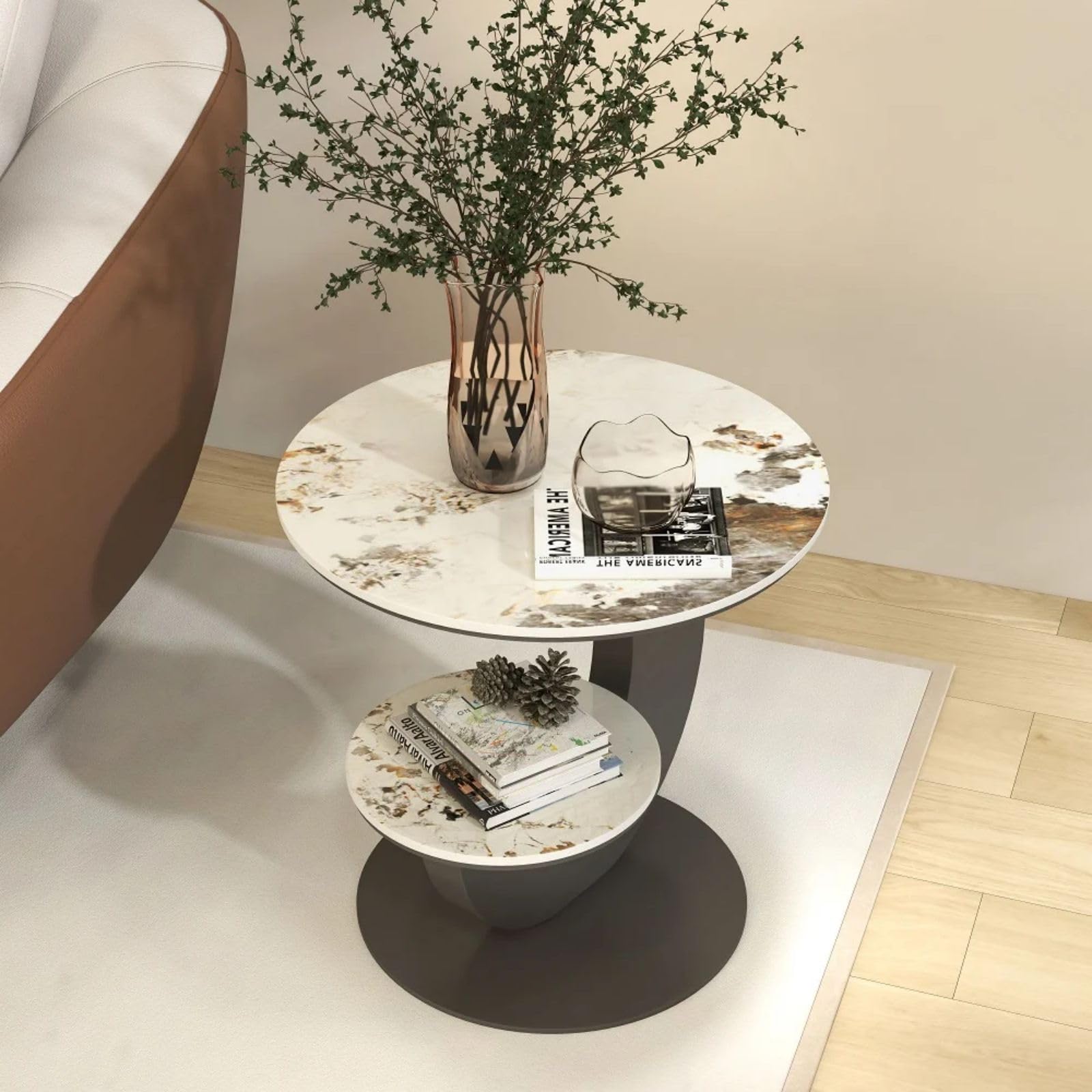 Modern Round End Table Faux Marble 2-Tier with Storage Shelf
