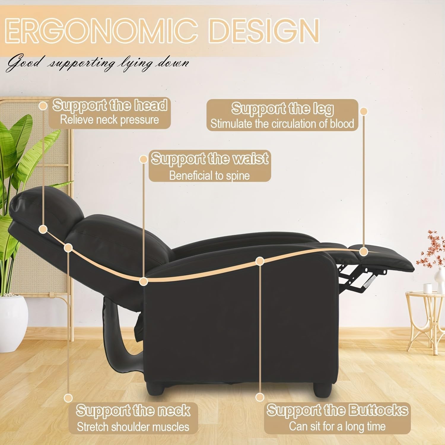 Massage Recliner Chair PU Leather Recliner Chair, Recliner Sofa for Adults, Home Theater Seating with Lumbar Support, Bedroom Living Room Chair with Padded Seat Backrest, Black