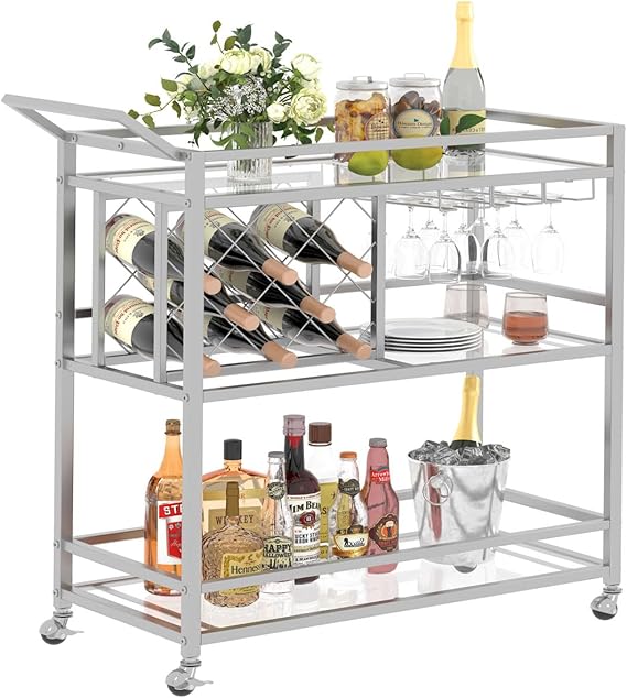 Gold Bar Cart with Wine Rack and Glass Holder