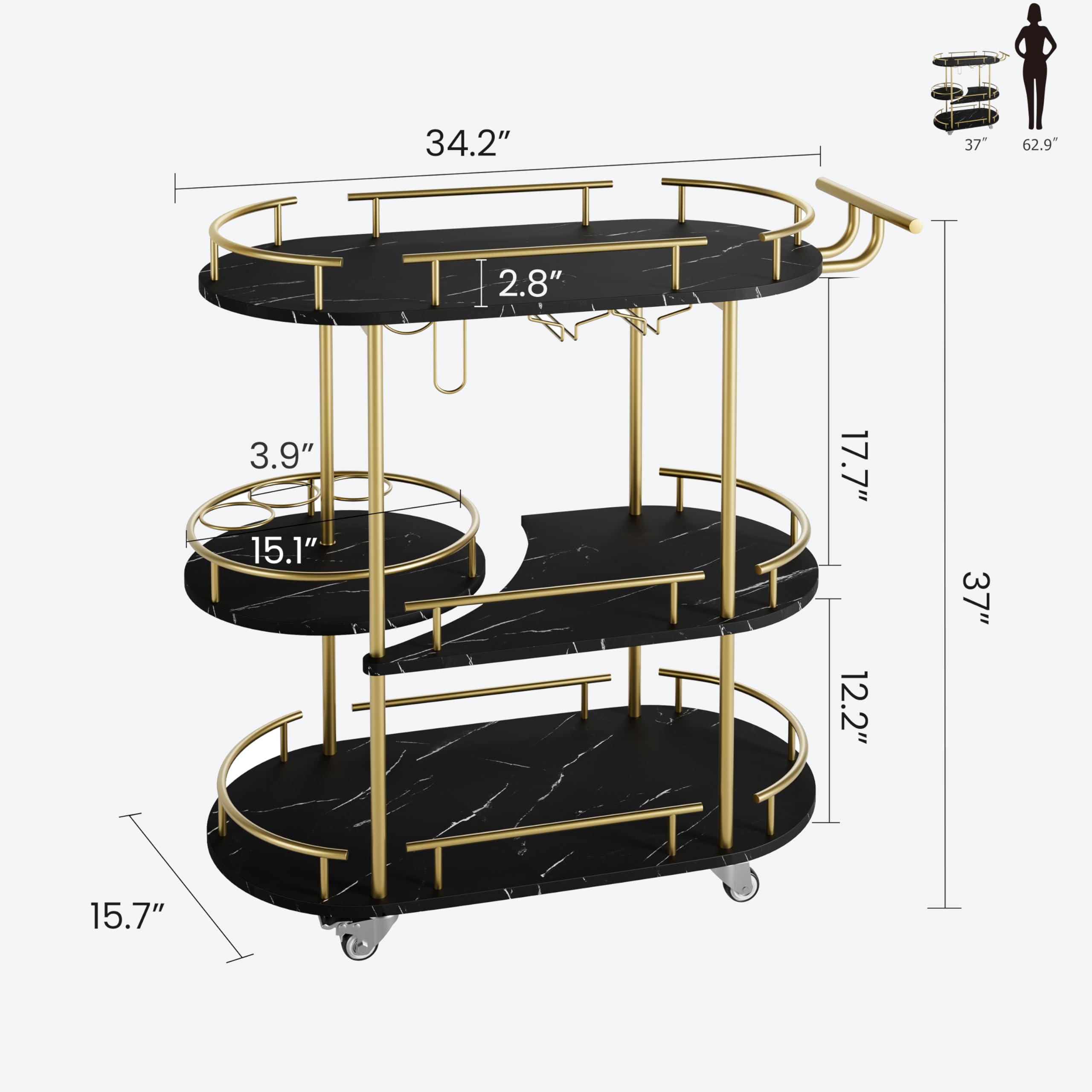 3-Tier Bar Cart with Wine Rack and Wheels