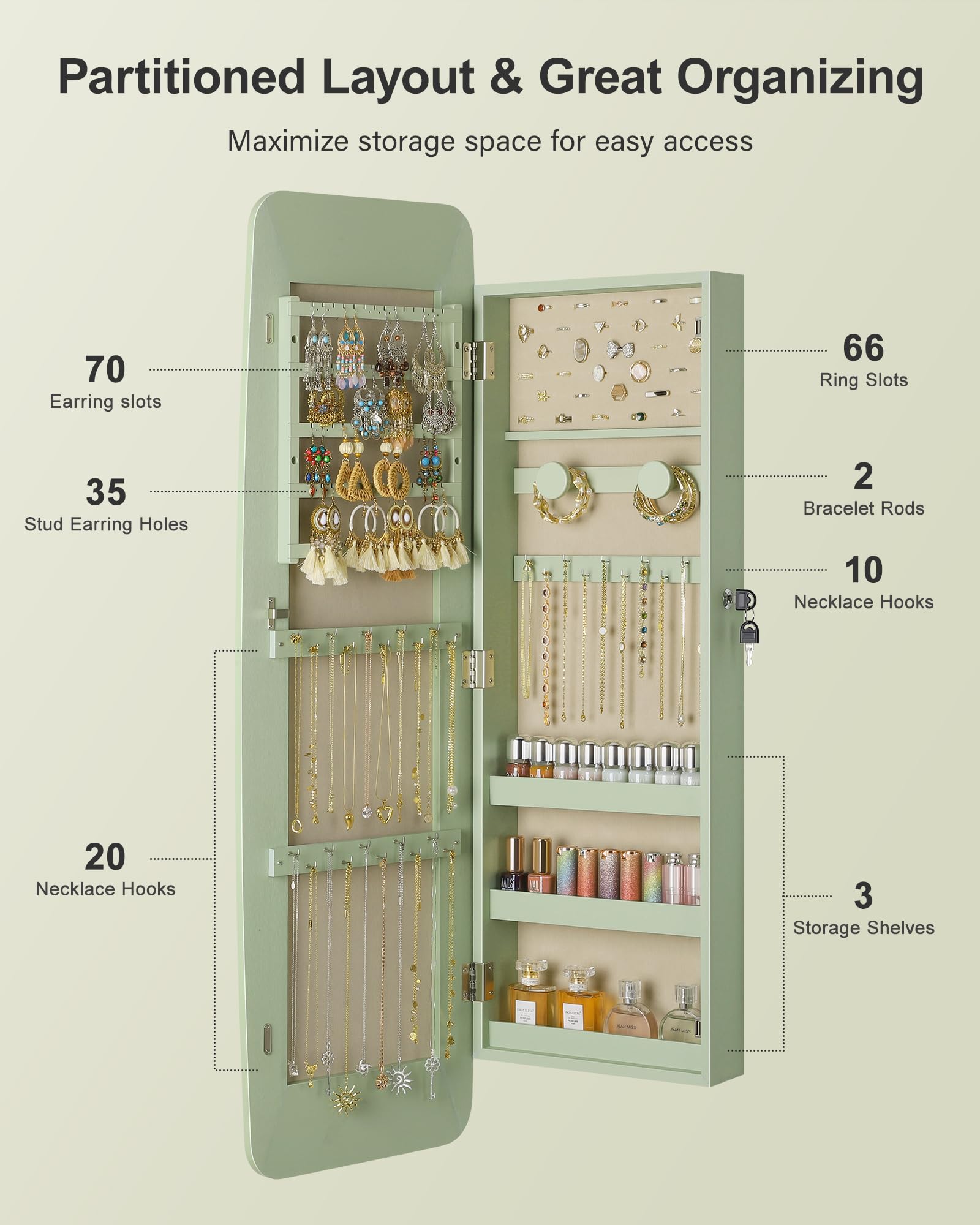 Mirror Jewelry Cabinet - Wall Door Mounted Armoire Organizer with Lock
