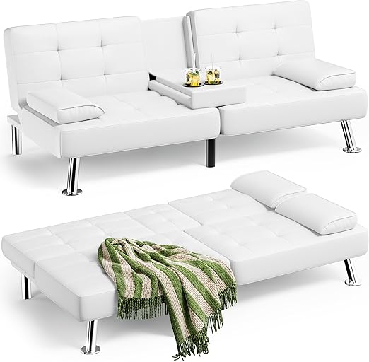 Adjustable Futon Sofa Bed with Cup Holders