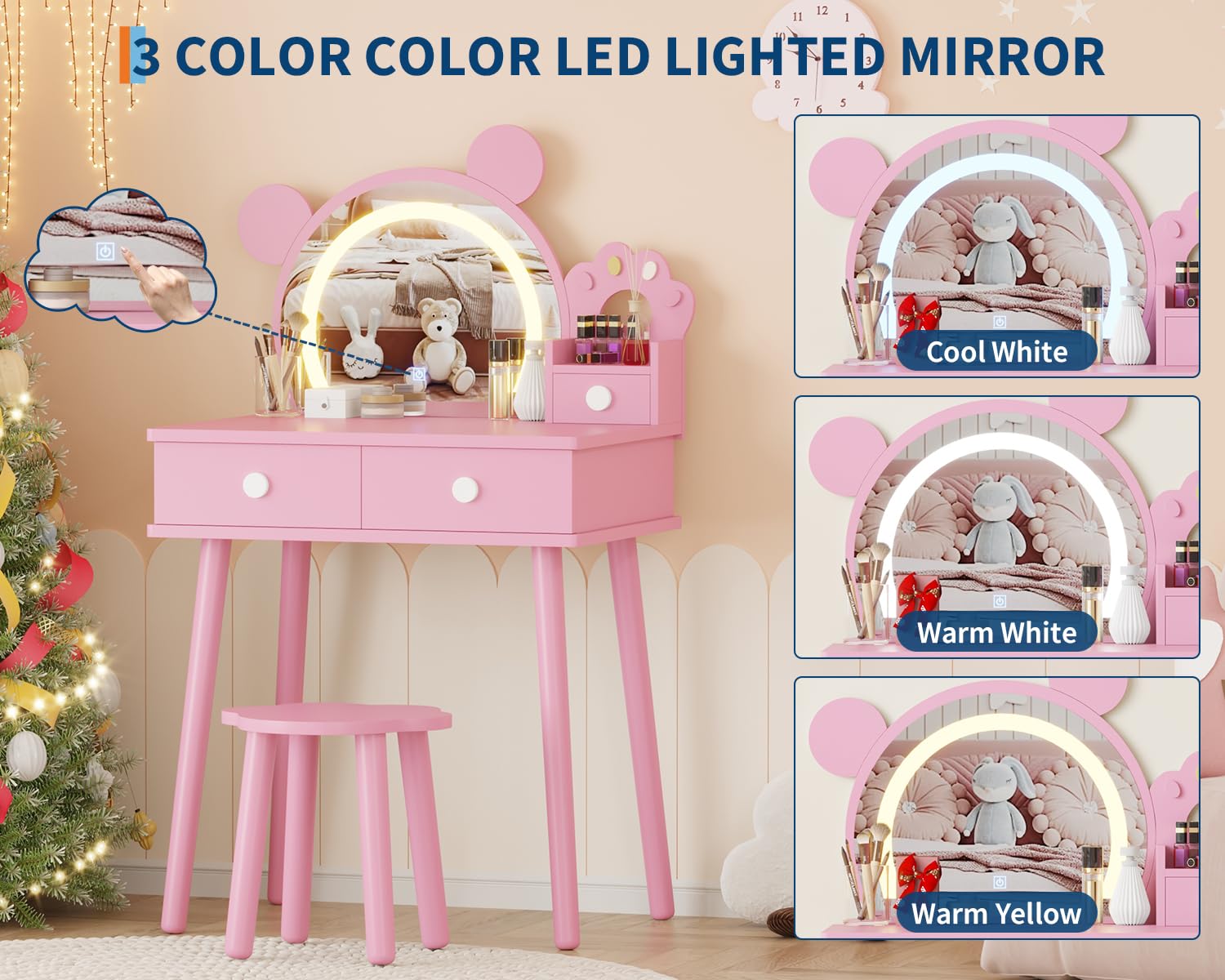Bear-Shaped Toddler Vanity Set with LED Mirror