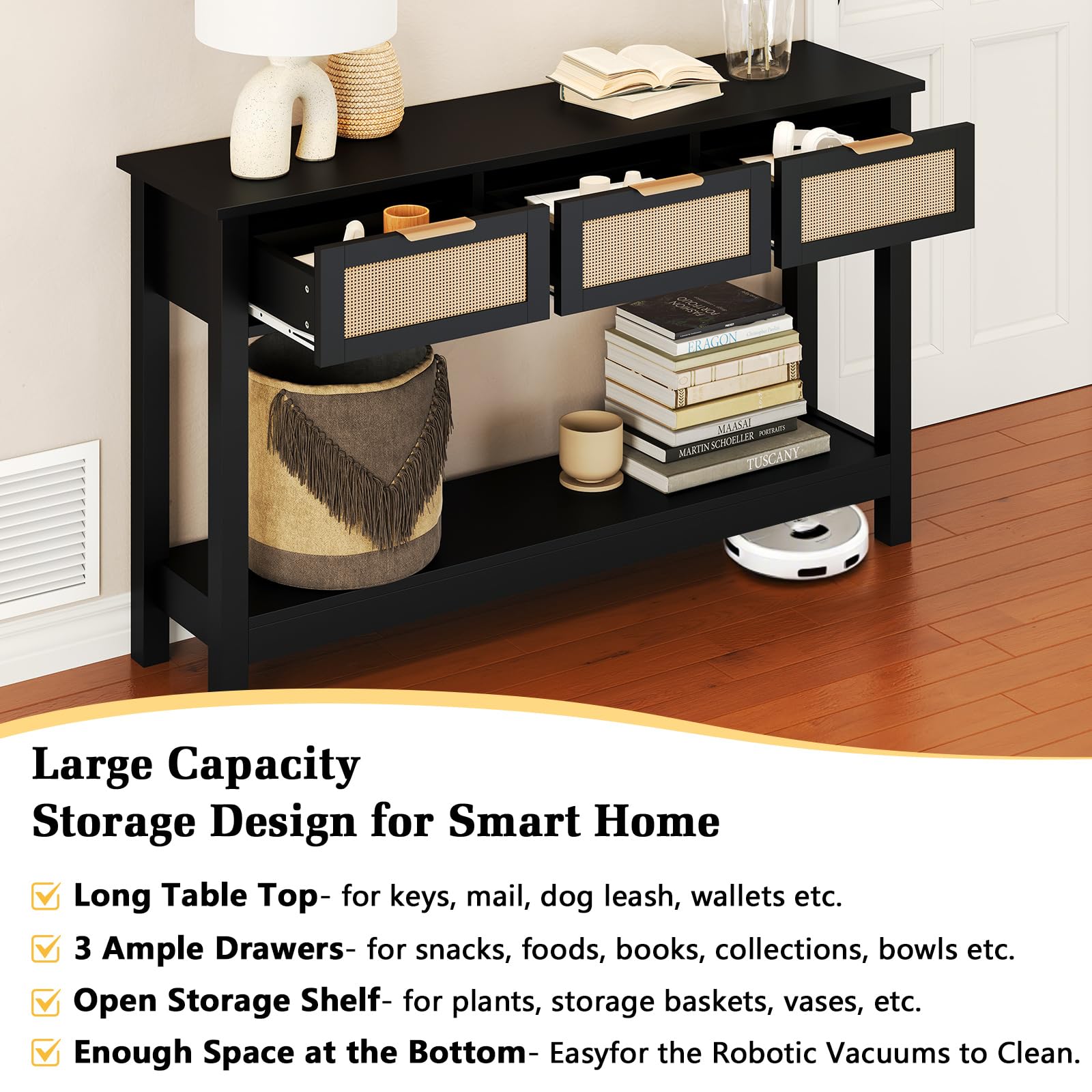Console Table with 3 Rattan Drawers - 47 Inch Black