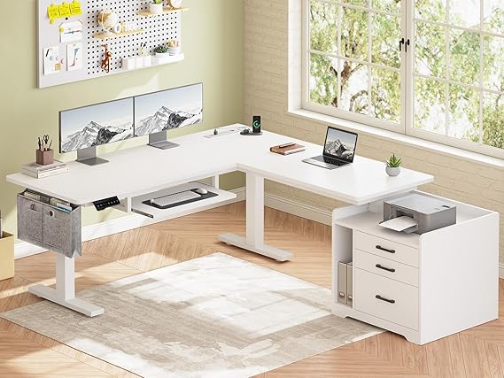 L-Shaped Electric Standing Desk with File Cabinet 63x53