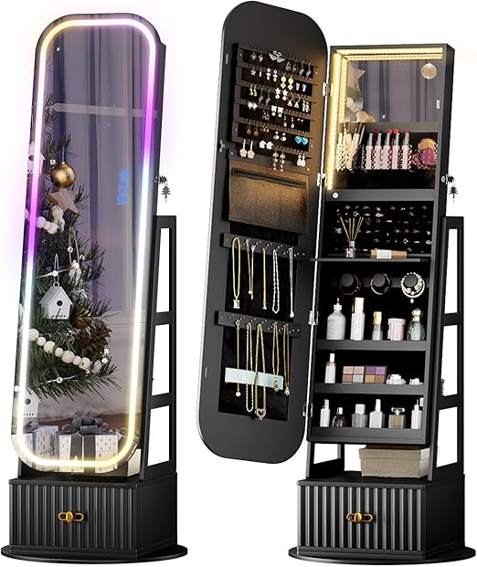360° Swivel Jewelry Cabinet with RGB Lights and Full Length Mirror