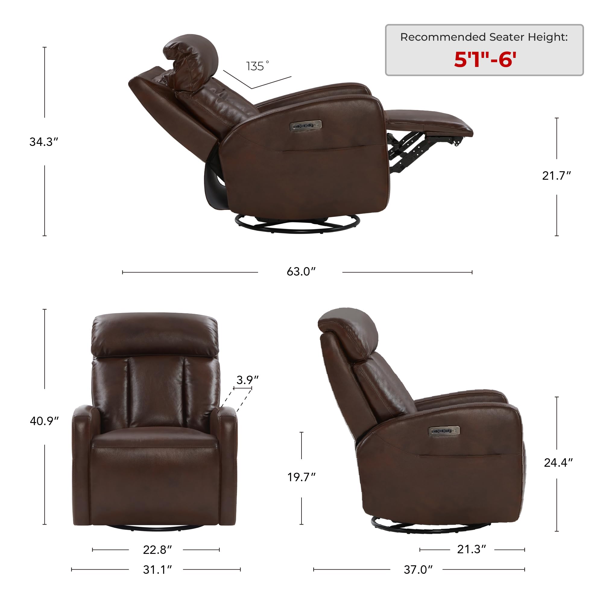 CHITA Leather Power Swivel Recliner Chair for Adults, Triple Motor Electric Rocker Recliner for Living Room with Adjustable Headrest and Lumbar Support, USB & Type-C Charging Ports, Cognac Brown