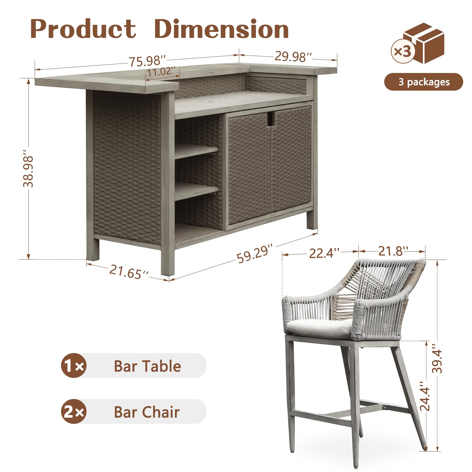 Outdoor Bar Table Set with 2 Stools