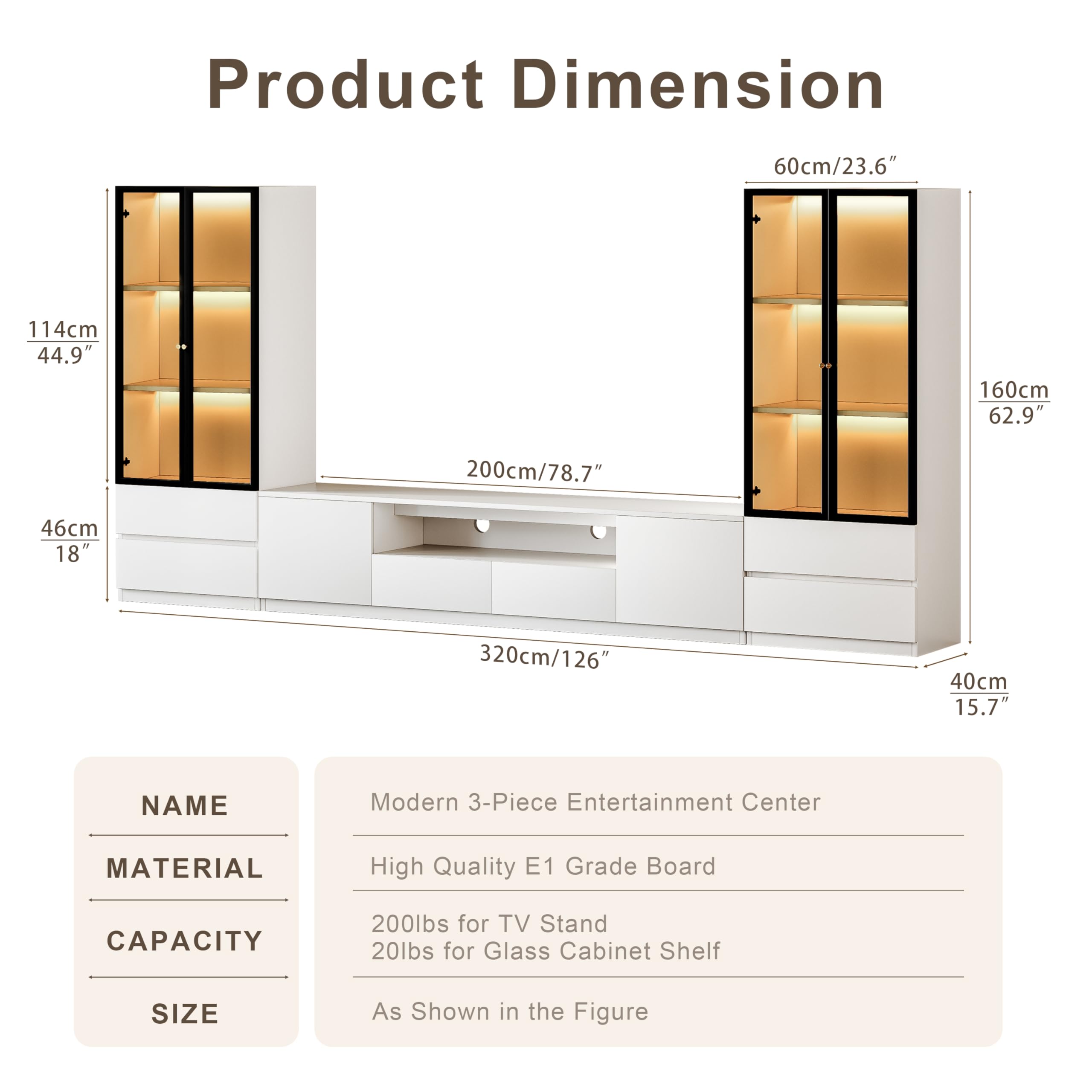 126" White Entertainment Center for 85" TV with Glass Display Cabinets