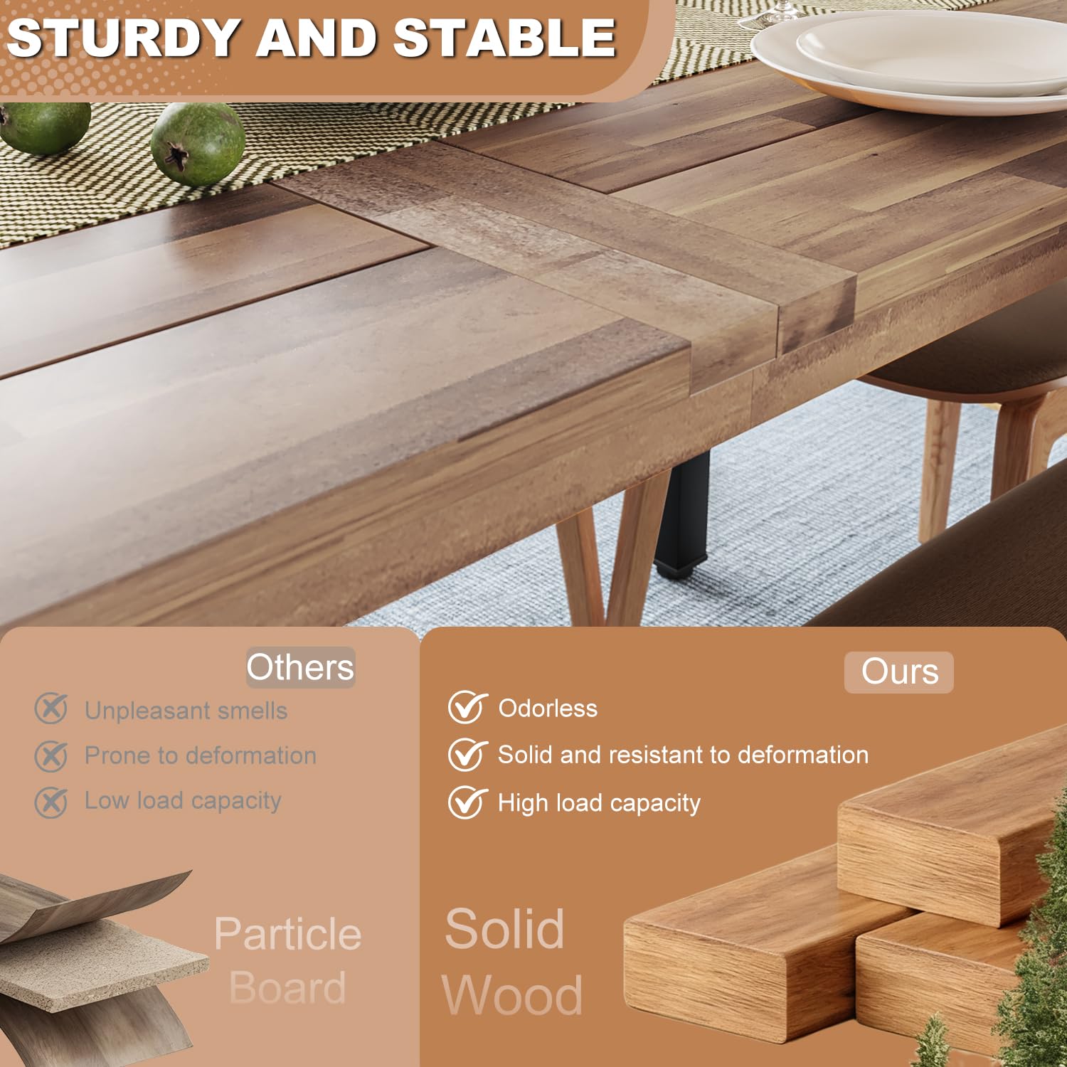 70" Acacia Wood Dining Table for 6-8 People