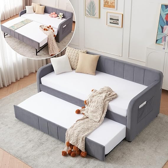 Twin Velvet Corner Daybed with Liftable Trundle and USB Charging