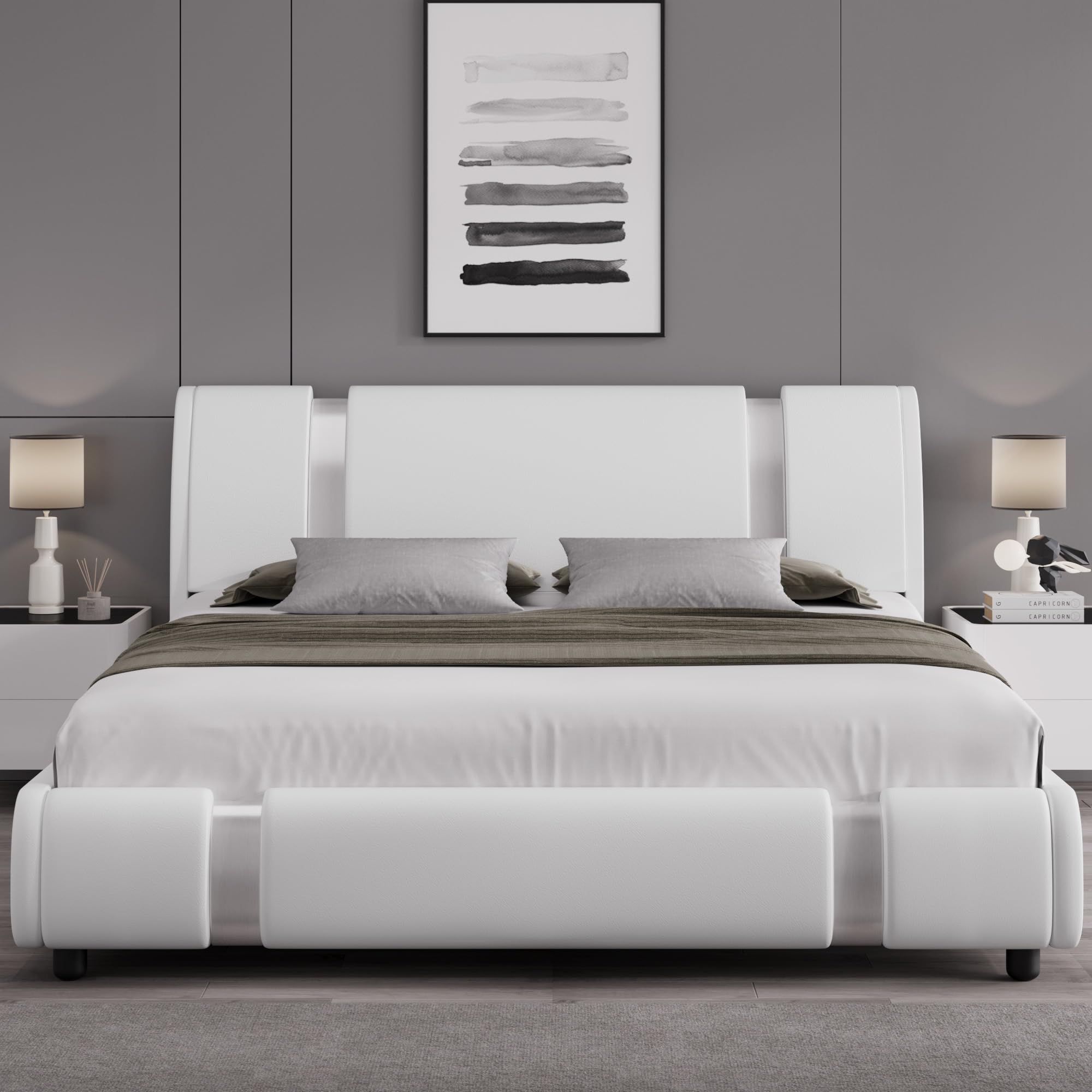 Modern Faux Leather Platform Bed Frame Queen