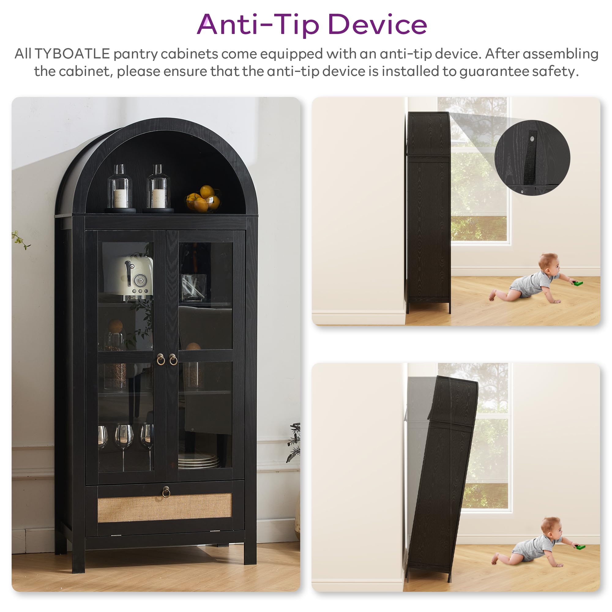 71" Tall Arched Pantry Cabinet with Glass Door