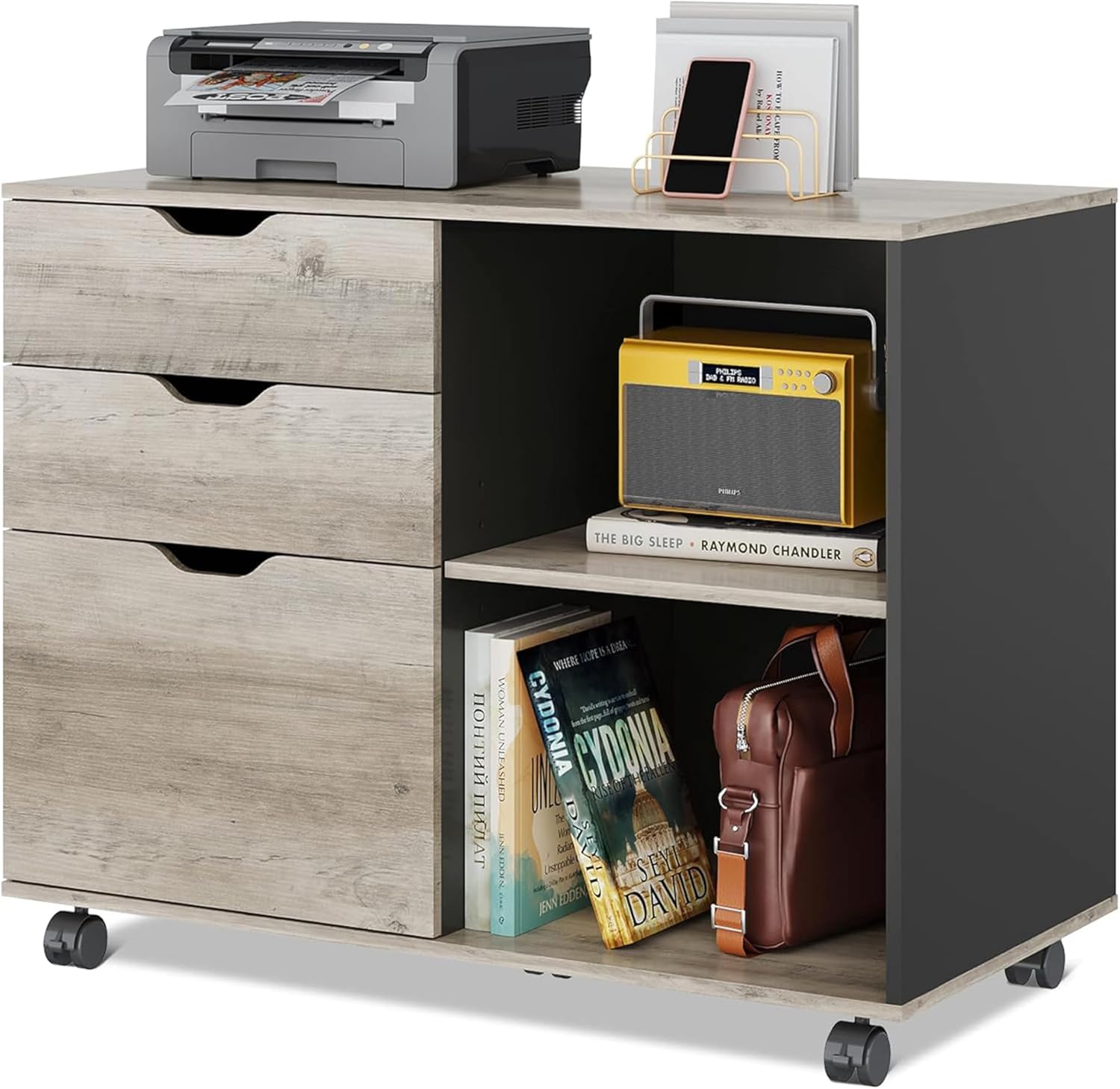 3-Drawer Mobile Lateral File Cabinet with Printer Stand
