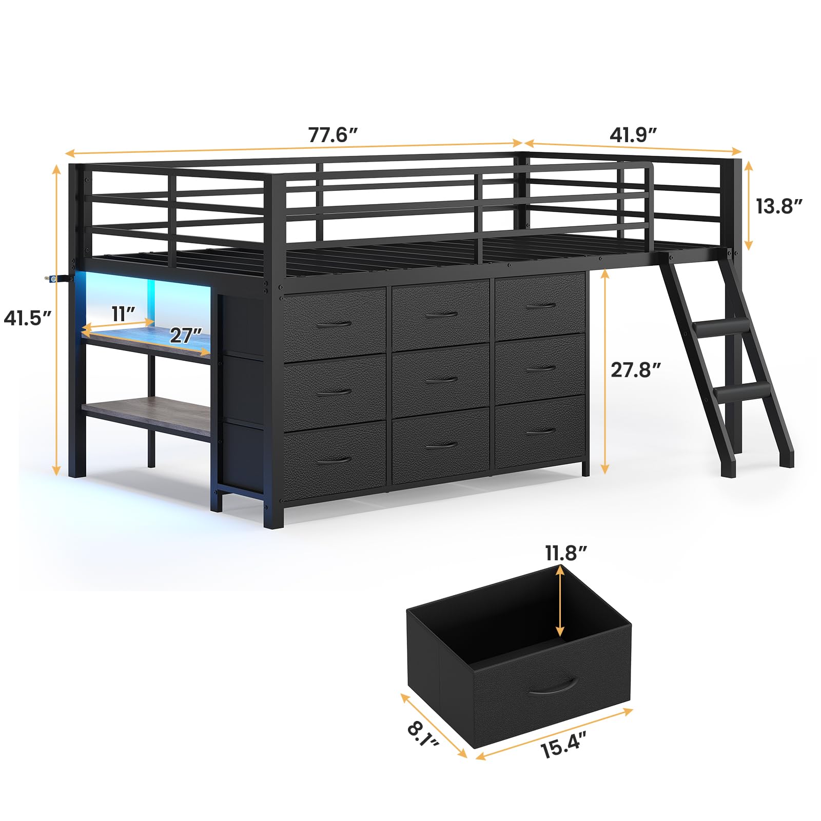 Twin Loft Bed with Storage Dresser and LED Lights