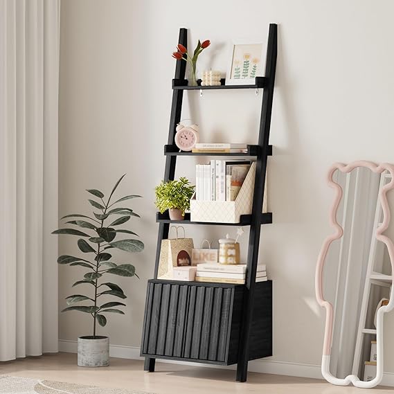 Four-Layer Ladder Bookshelf with Storage Cabinet