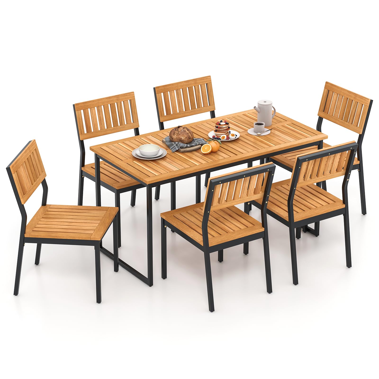 Tangkula 7 Piece Outdoor Dining Set for 6, Acacia Wood Rectangular Dining Table & 6 Armless Chairs w/Metal Frame, Umbrella Hole, Farmhouse Dining Furniture Set for Garden Porch Poolside