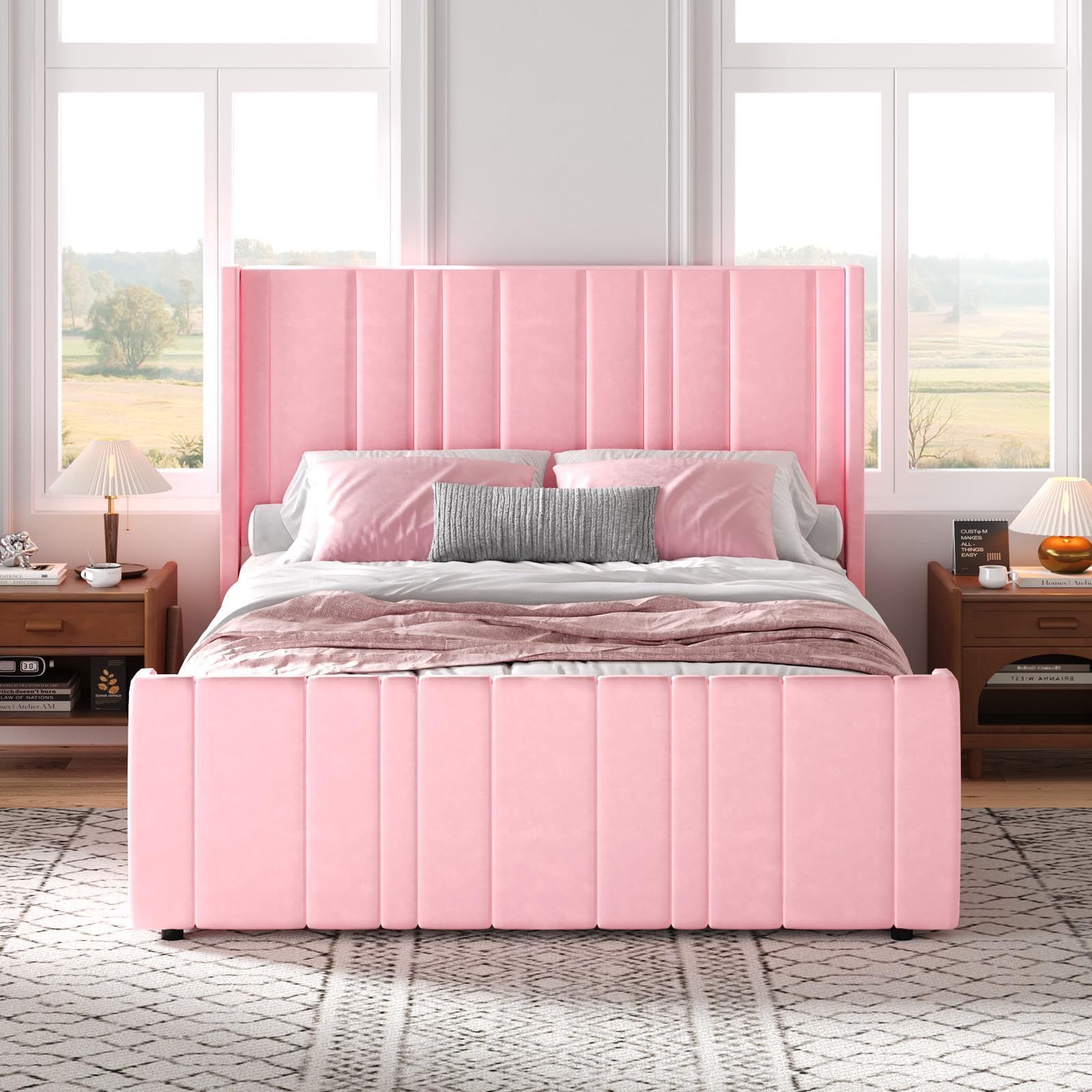 Pink Velvet Queen Bed Frame with Tufted Headboard