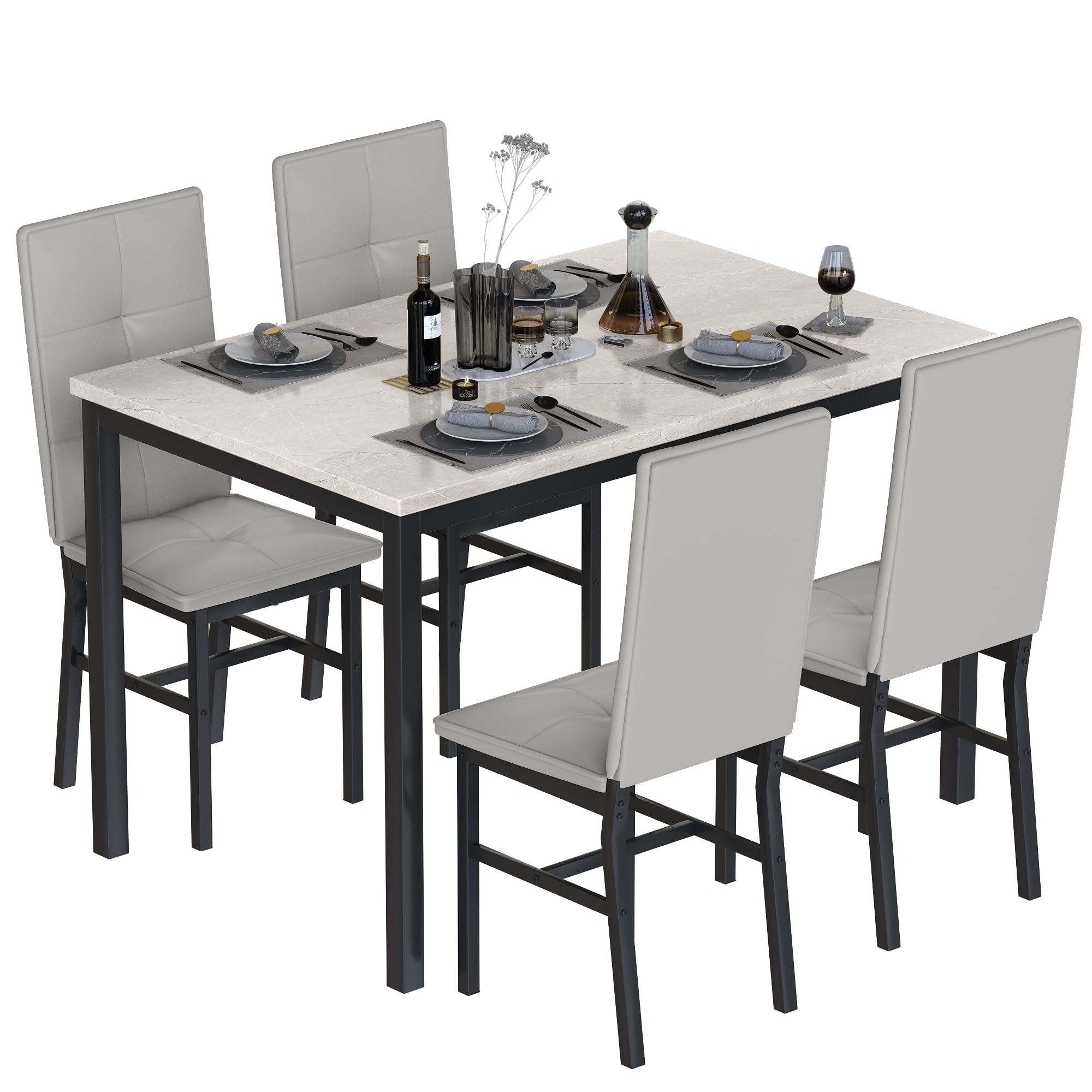 5-Piece Faux Marble Dining Table Set with 4 Chairs