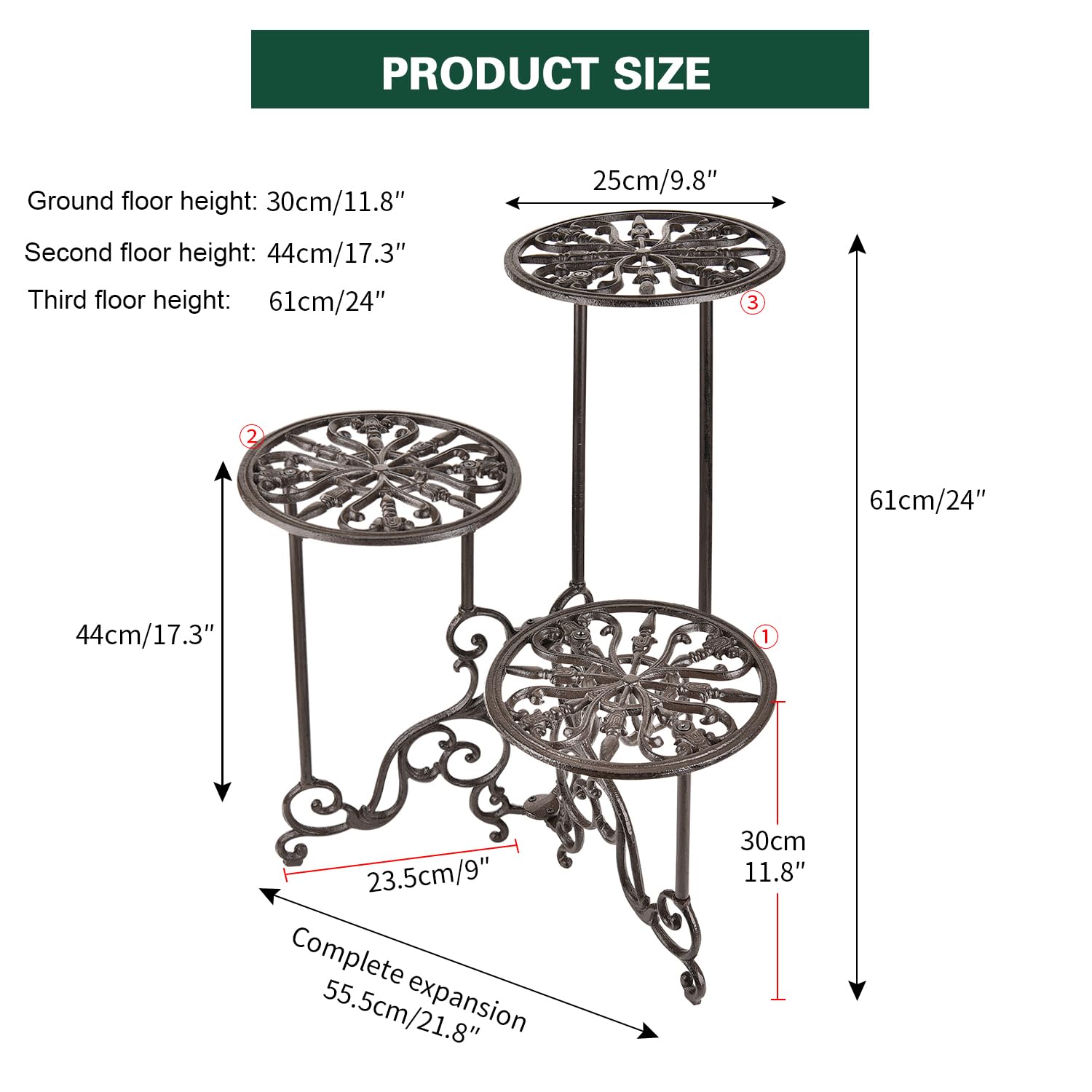 3-Tier Cast Iron Plant Stand 24in Tall Foldable Metal Shelf