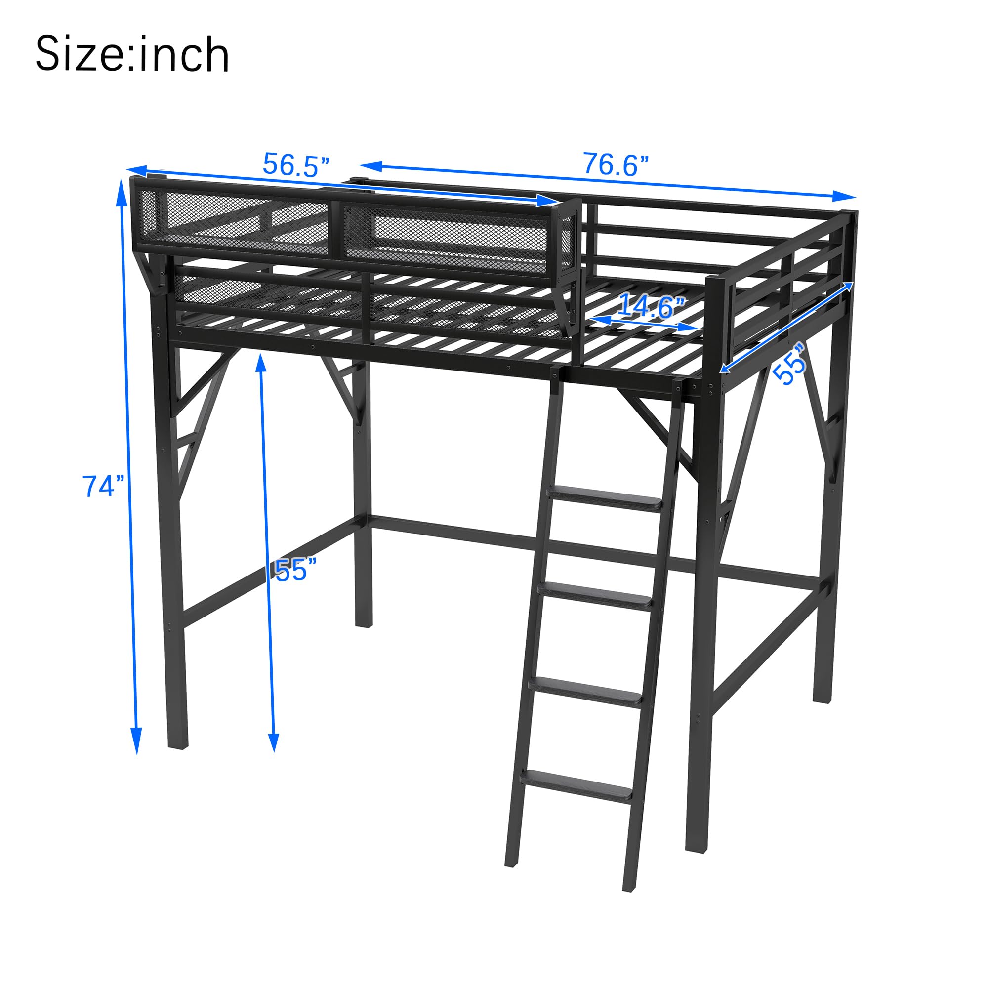 Full Size Metal Loft Bed Frame with Ladder and Storage Shelves