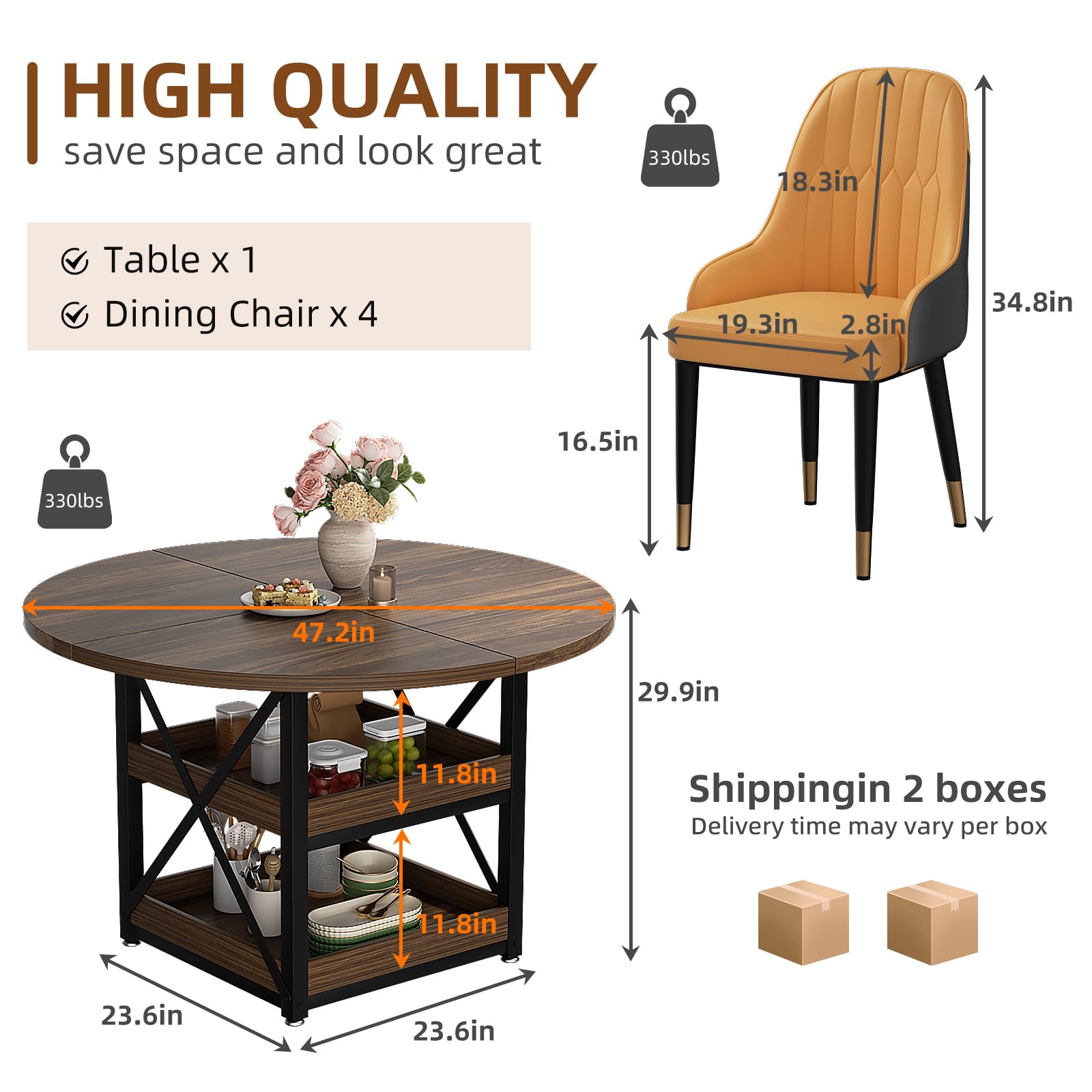 5-Piece Round Dining Table Set with Storage