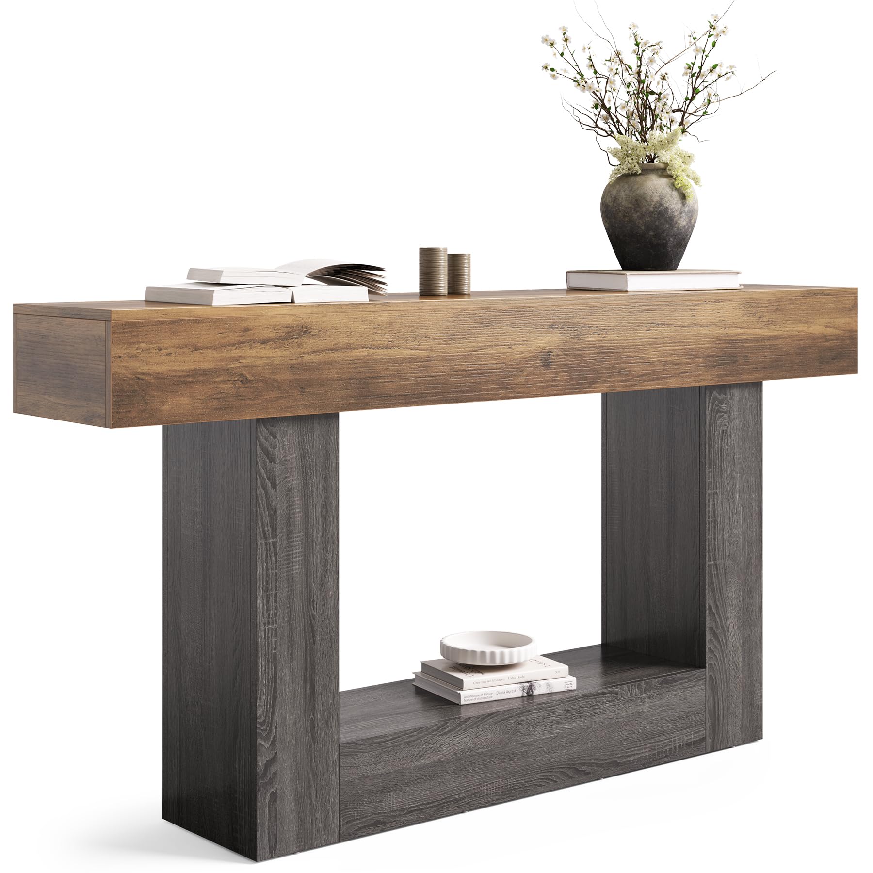 63 Inch 2-Tier Farmhouse Console Table with Heavy Duty Base
