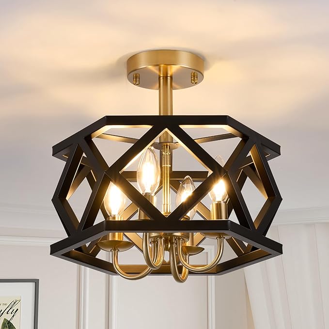 Black Semi Flush Mount Ceiling Light 4-Light Farmhouse Chandelier