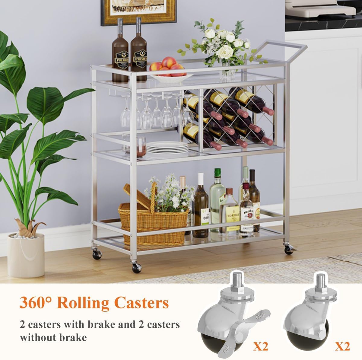 3-Tier Mirrored Bar Cart with Wheels