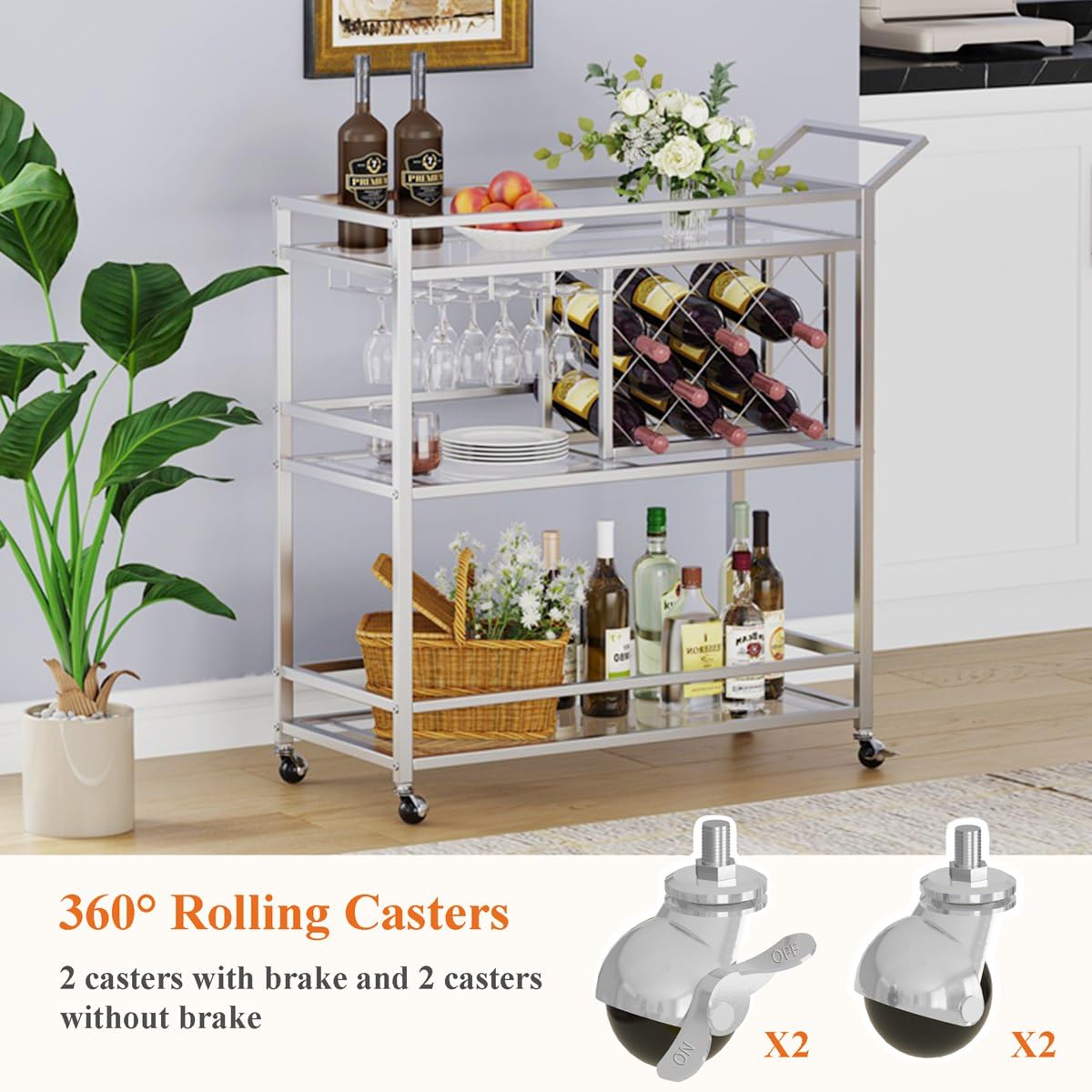 3-Tier Mirrored Bar Cart with Wheels