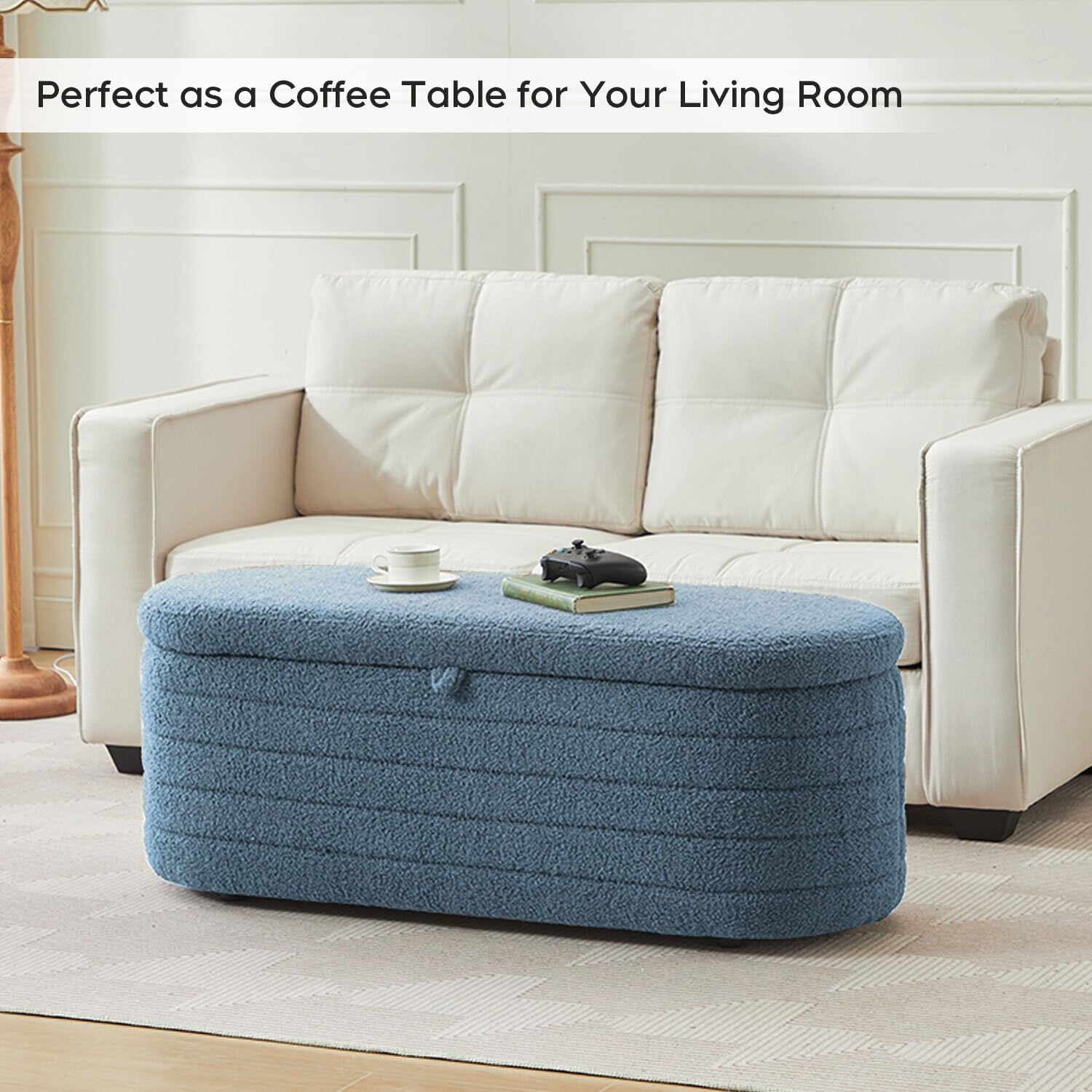 Upholstered Storage Ottoman Bench 45 Inch Blue Boucle