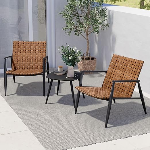Outdoor Bistro Set 3 Pieces Leather-Look Wicker Patio Chairs with Side Table