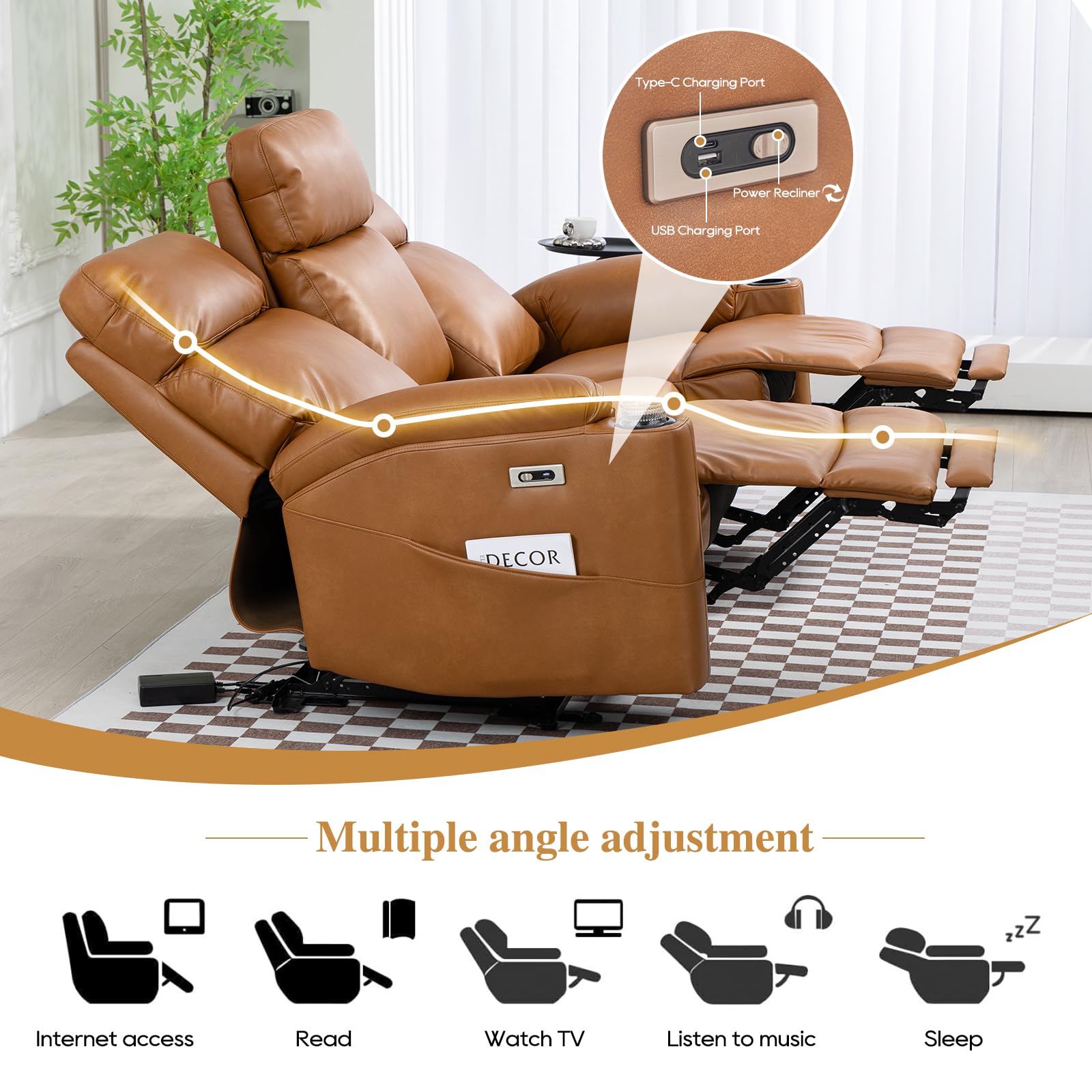 B BAIJIAWEI Power Reclining Sofa - 3 Seater Recliner Sofás, PU Leather Sofa, Home Theater Seating with Flipped Middle Backrest, Power Recliner Couch for Living Room(Brown)