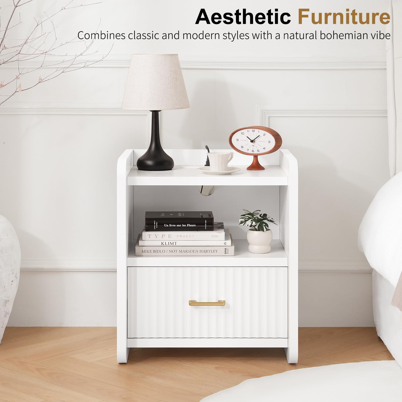 Night Stand with Charging Station and Drawer Storage